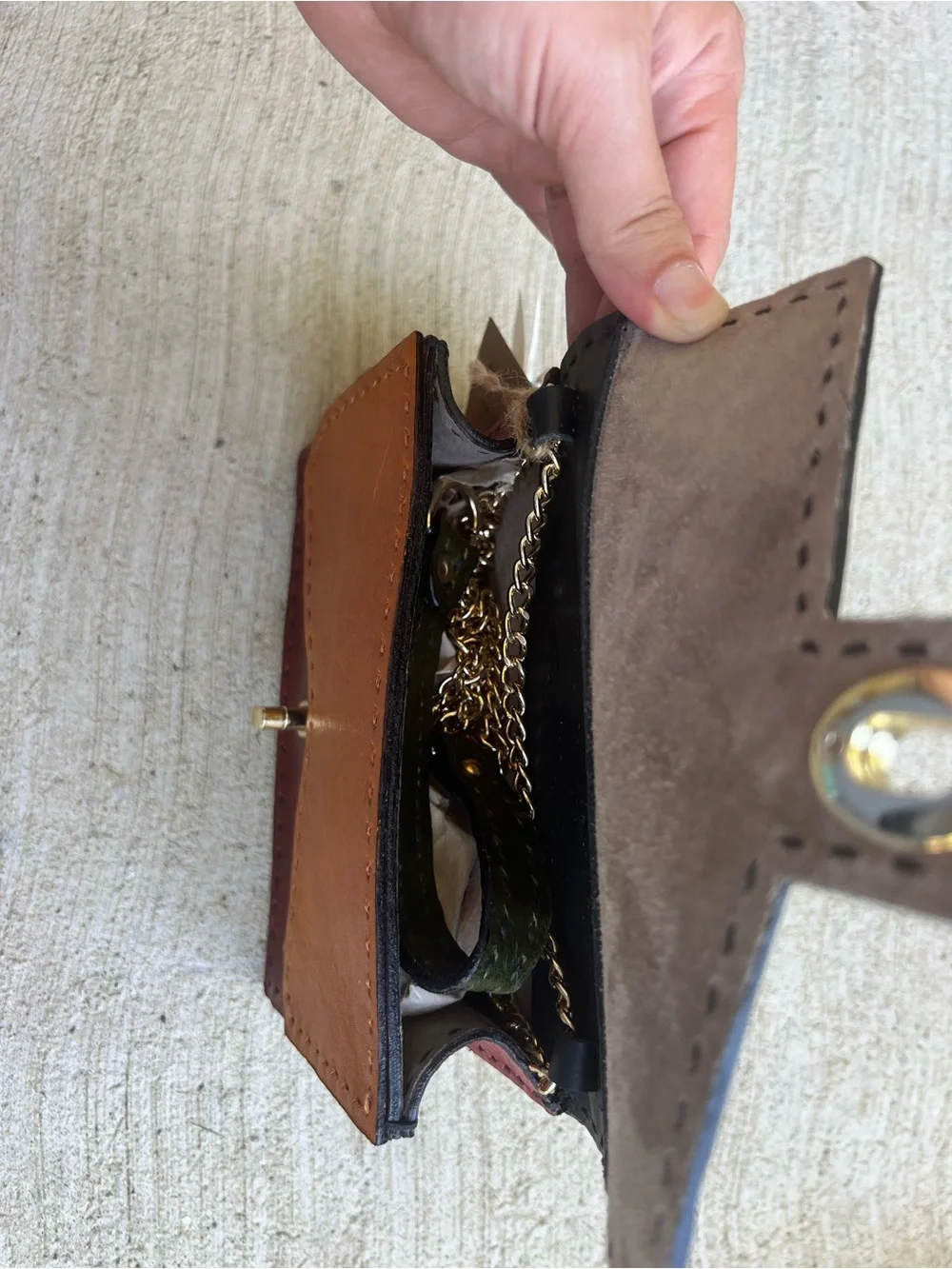 Colorblock Leather Crossbody Clutch in Green, Orange & Brown